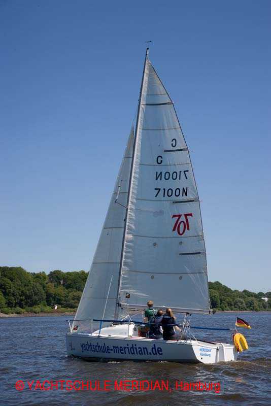 Die Segelausbildung zum Segelschein Jolle / offenes Kielboot auf der Elbe in Hamburg.
